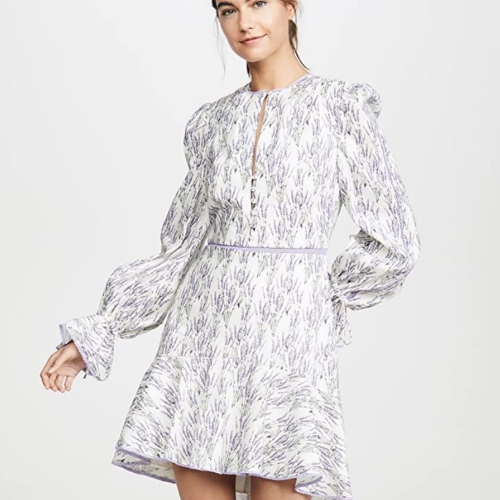 Jonathan Simkhai 12 Mallorca Long Sleeve Mini Dress Lavender Floral Preppy Ivory